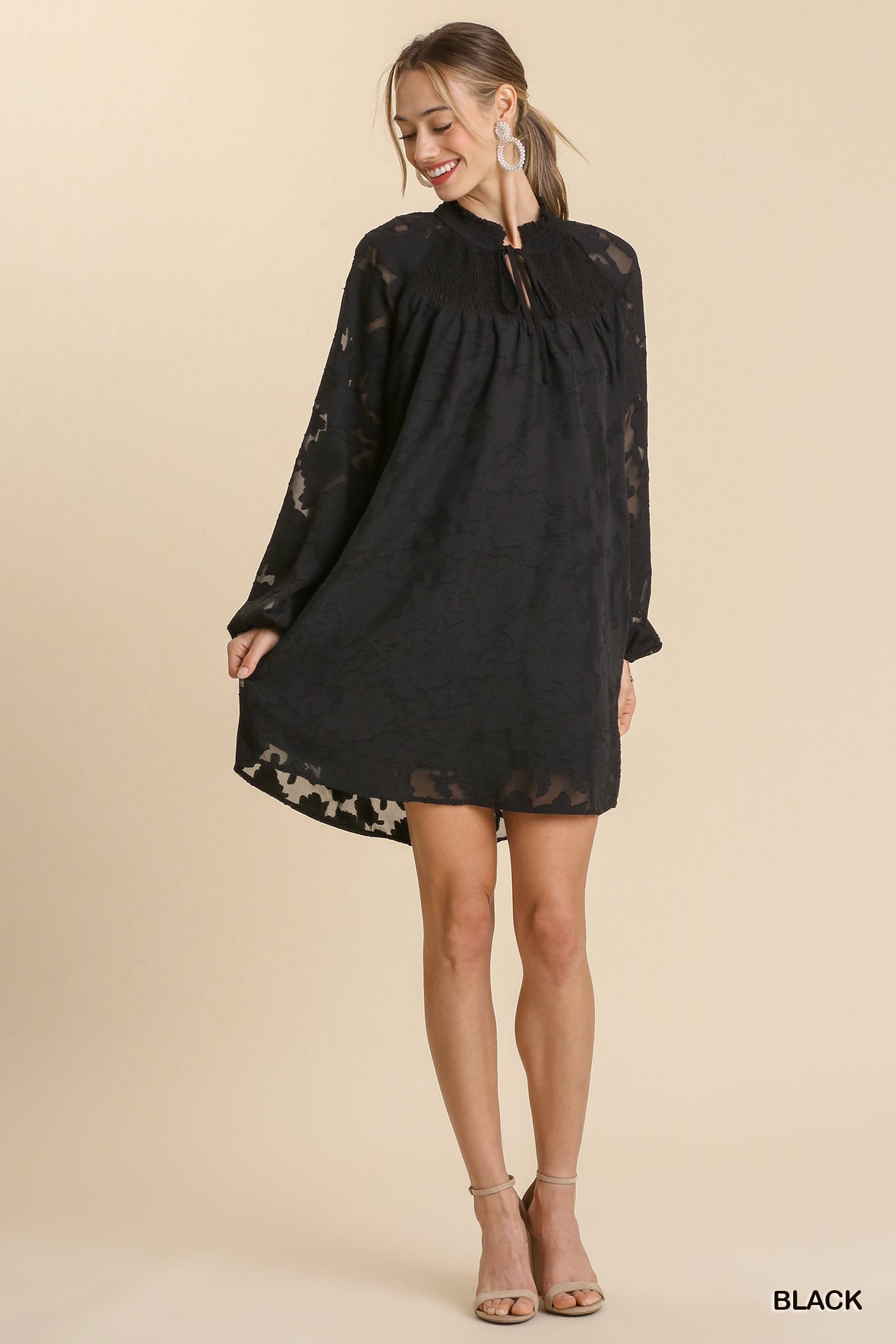 Jacquard Raglan Smocked Tie Neck Yoke Dress - ShopEasier