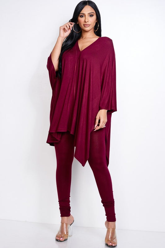 Solid Heavy Rayon Spandex Cape Top And And Leggings 2 Piece Set - ShopEasier