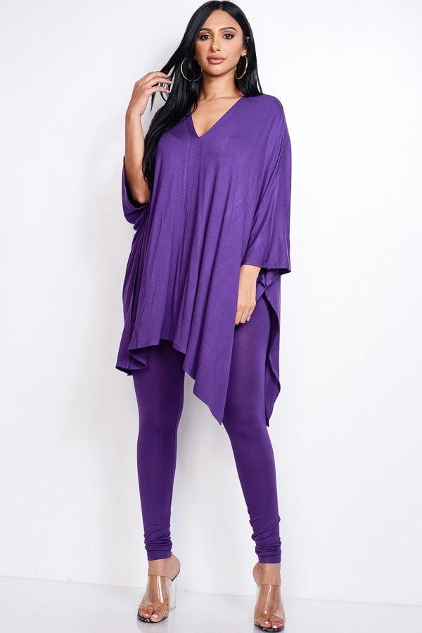 Solid Heavy Rayon Spandex Cape Top And And Leggings 2 Piece Set - ShopEasier