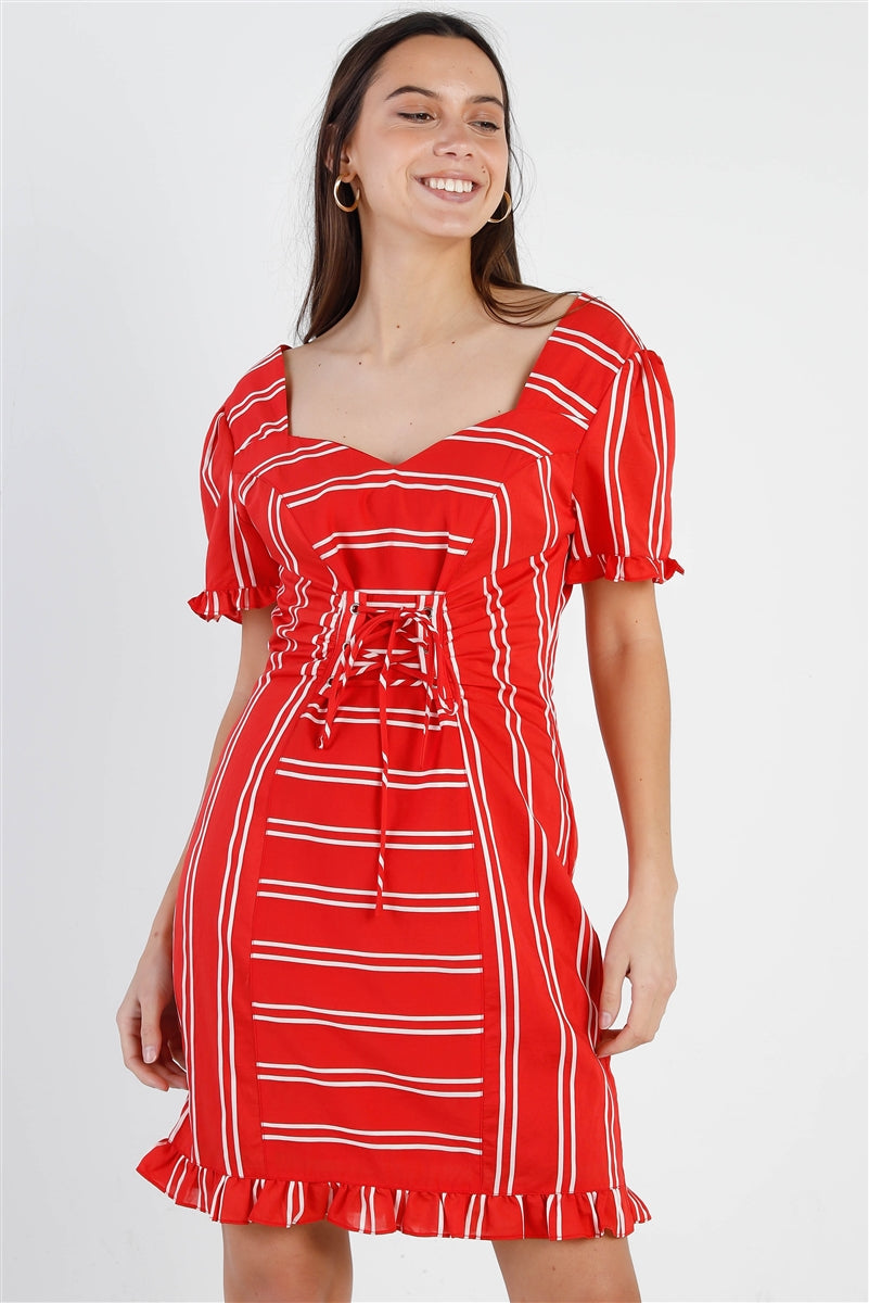 Red Stripe Lace Up Front Detail Ruffle Trim Balloon Sleeve Dress - ShopEasier