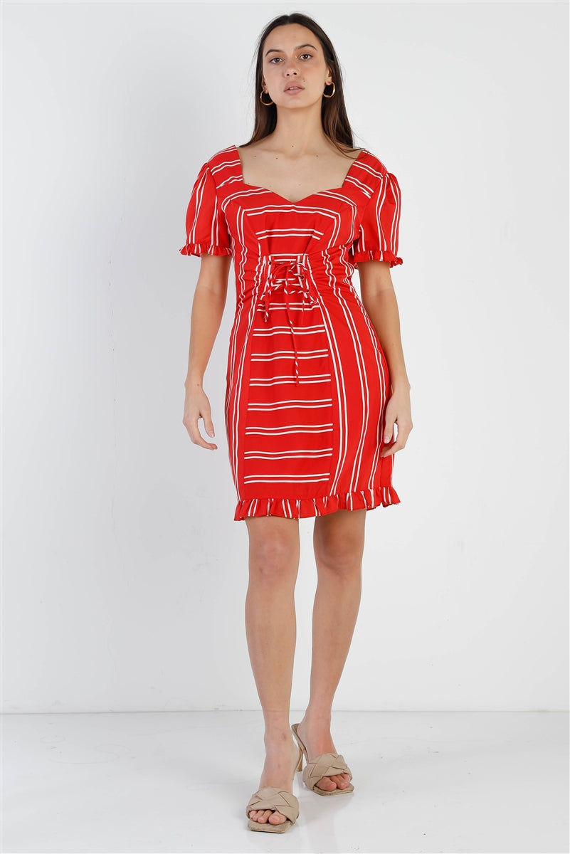 Red Stripe Lace Up Front Detail Ruffle Trim Balloon Sleeve Dress - ShopEasier