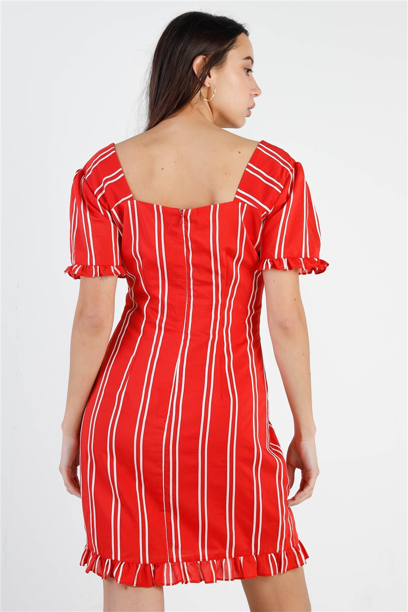 Red Stripe Lace Up Front Detail Ruffle Trim Balloon Sleeve Dress - ShopEasier