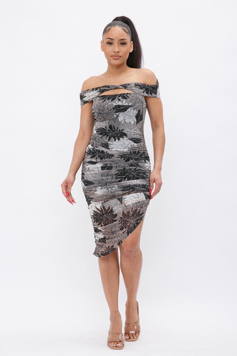 Printed Mesh Off Shoulder Dress - ShopEasier