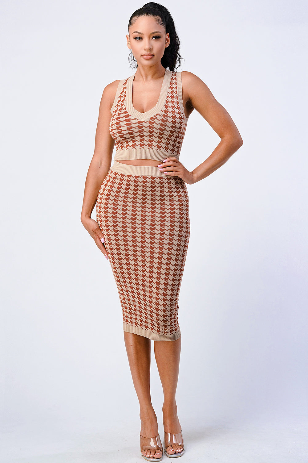 Luxe Gingham Rib Knit Top And Skirt Sets - ShopEasier