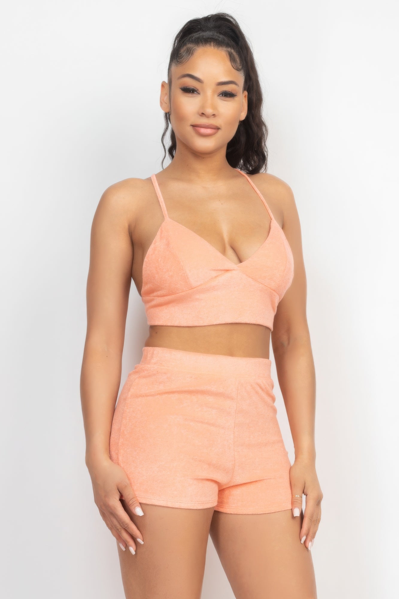 Terry Towel Bralette Top & Mini Shorts Set - ShopEasier