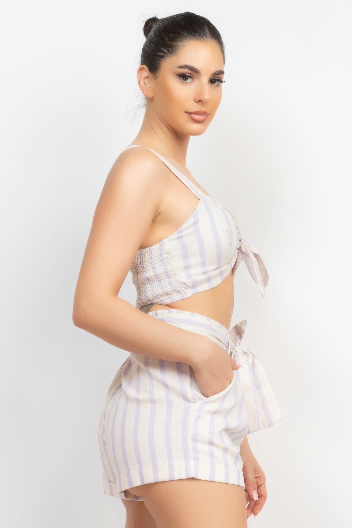 Tie-front Striped Crop Top & Belted Shorts Set - ShopEasier