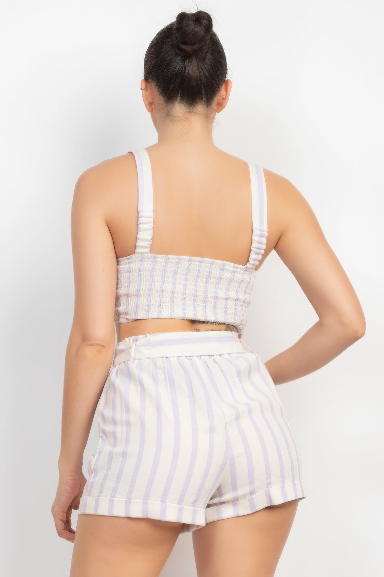 Tie-front Striped Crop Top & Belted Shorts Set - ShopEasier