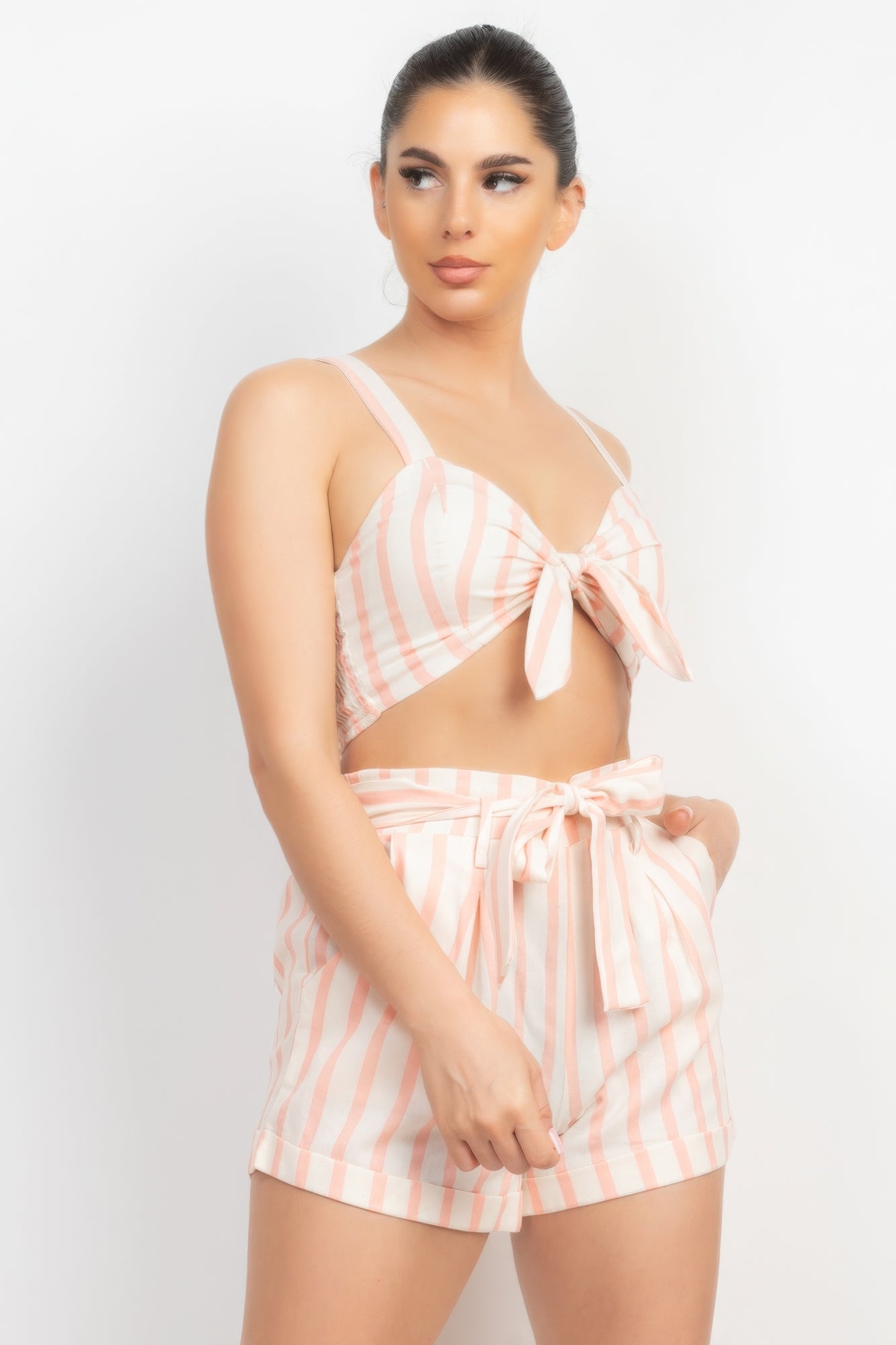 Tie-front Striped Crop Top & Belted Shorts Set - ShopEasier