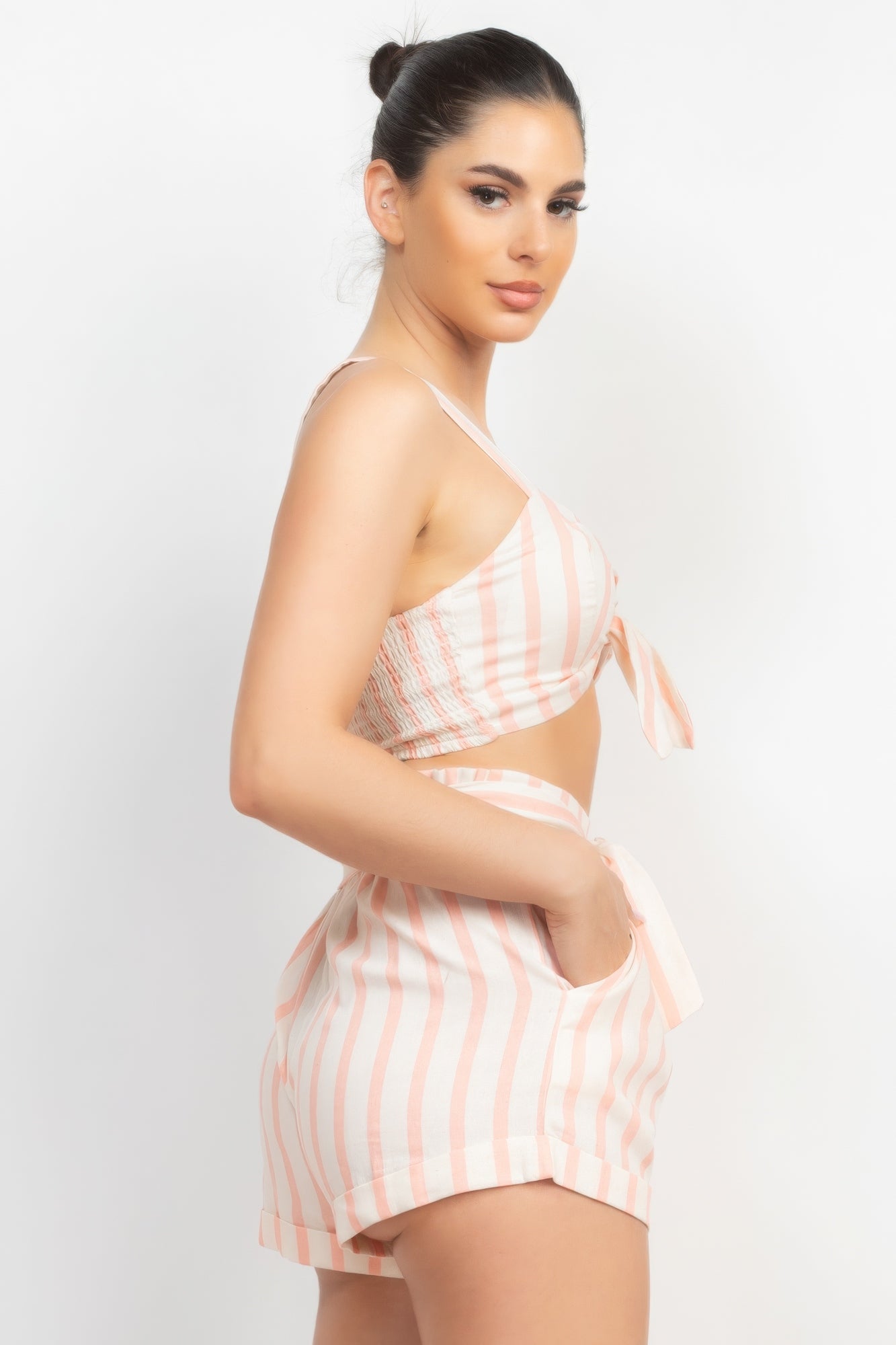 Tie-front Striped Crop Top & Belted Shorts Set - ShopEasier