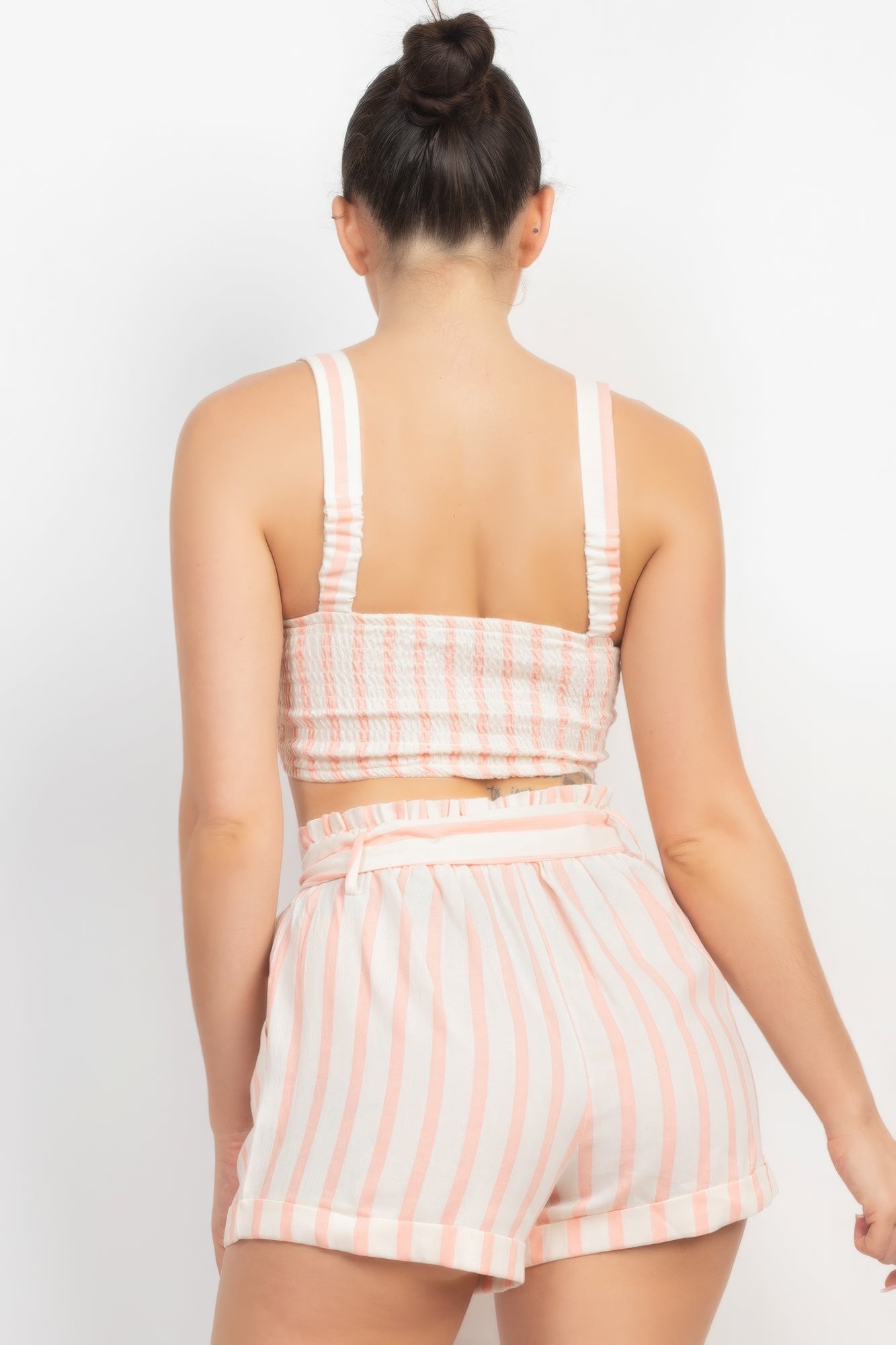 Tie-front Striped Crop Top & Belted Shorts Set - ShopEasier