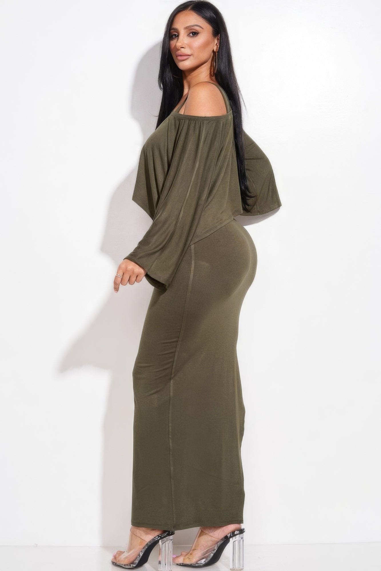 Solid Rayon Spandex Midi Length Tank Dress And Slouchy Cape Top Two Piece Set - ShopEasier