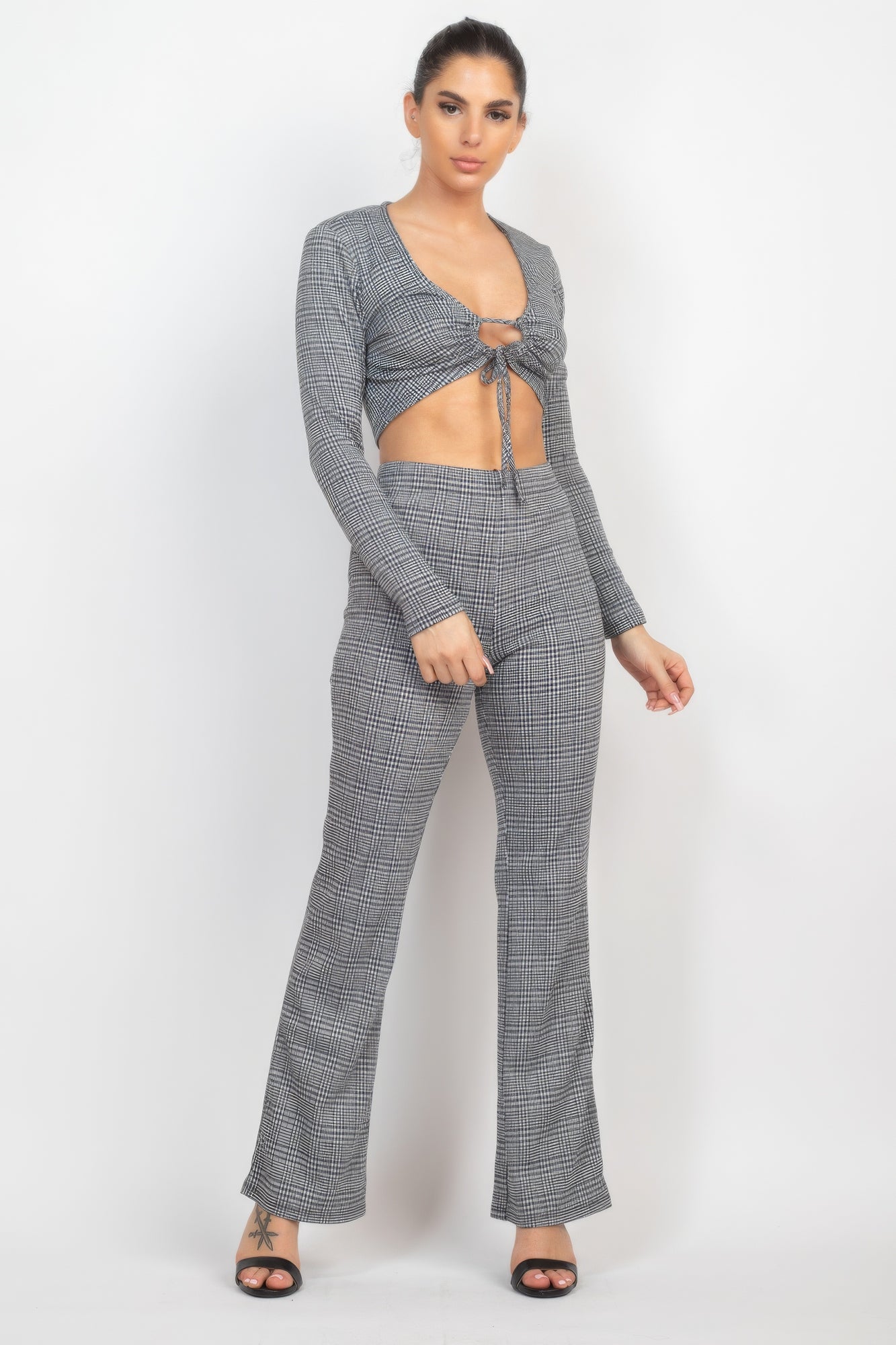 Plaid Cut-out Long Sleeve Top & Pants Set - ShopEasier