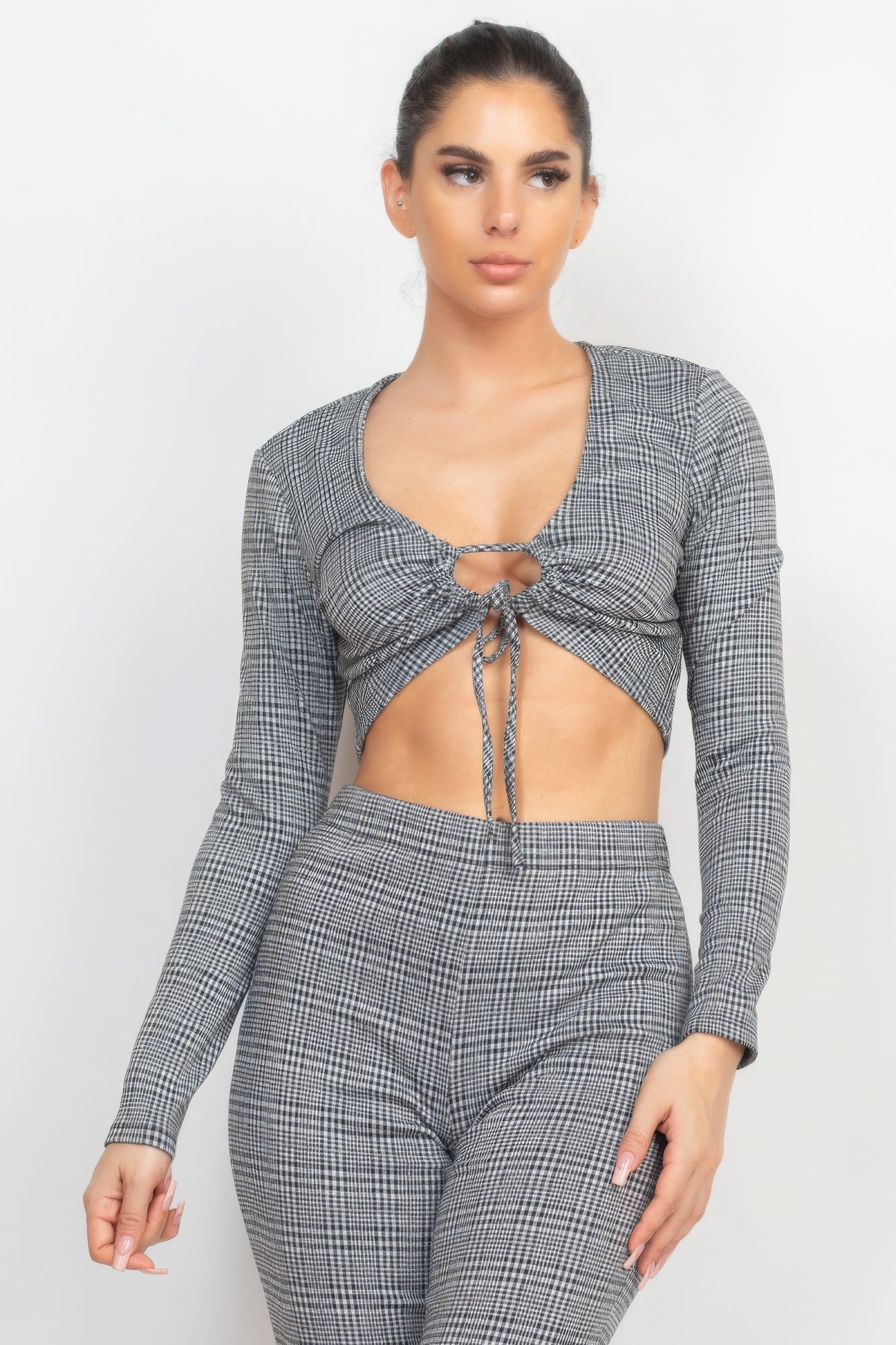 Plaid Cut-out Long Sleeve Top & Pants Set - ShopEasier