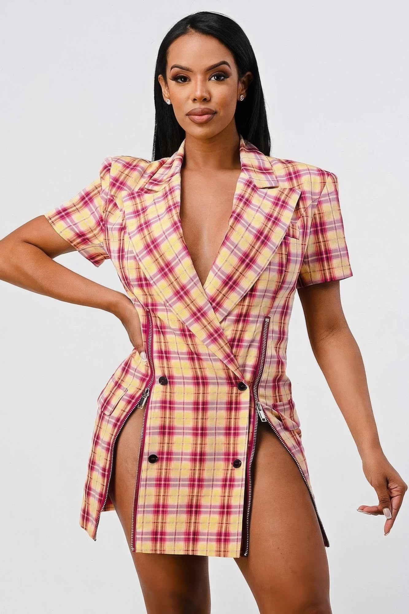 Wide Collared Double Breasted Plaid Blazer Mini Dress - ShopEasier