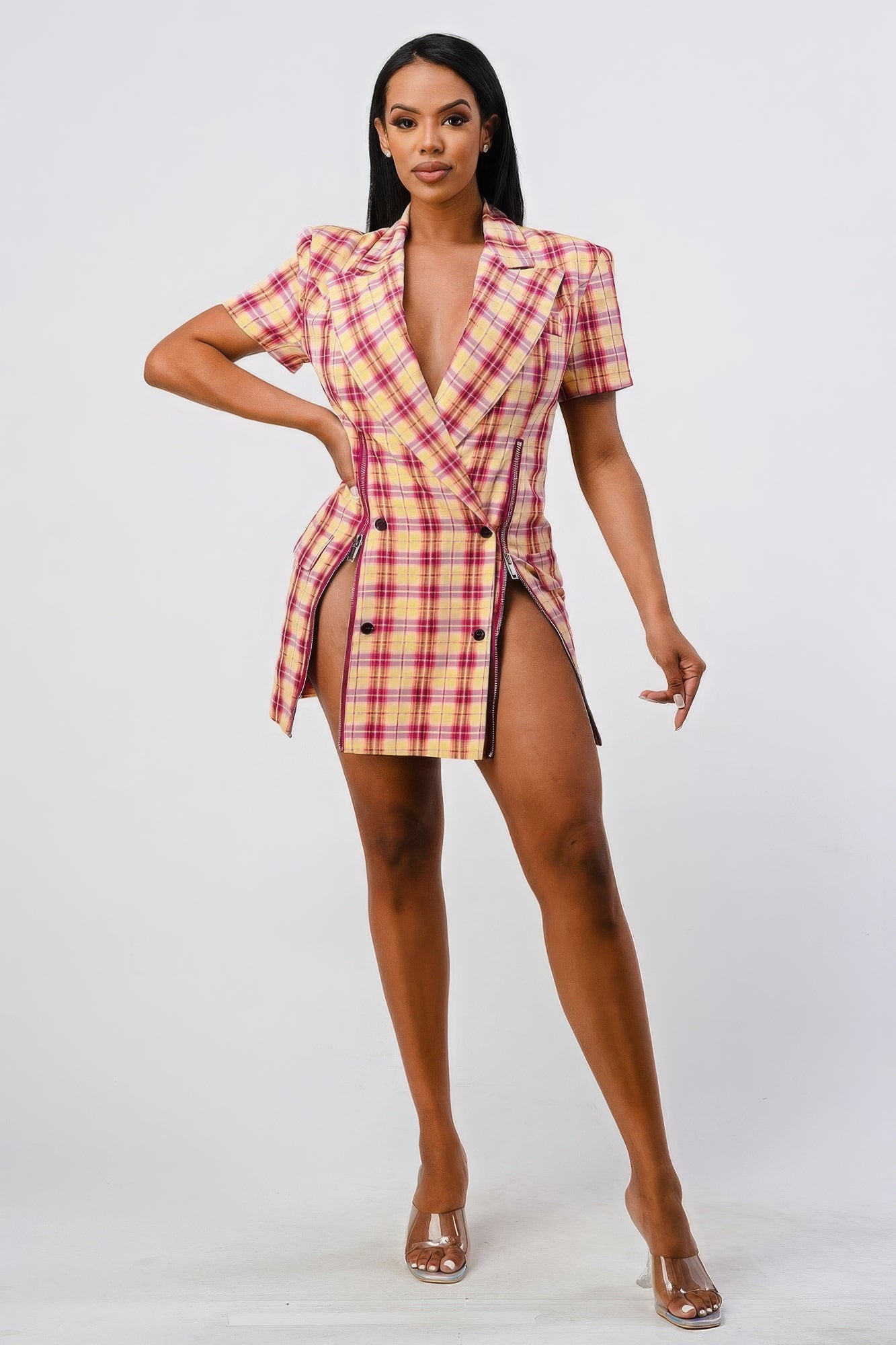 Wide Collared Double Breasted Plaid Blazer Mini Dress - ShopEasier