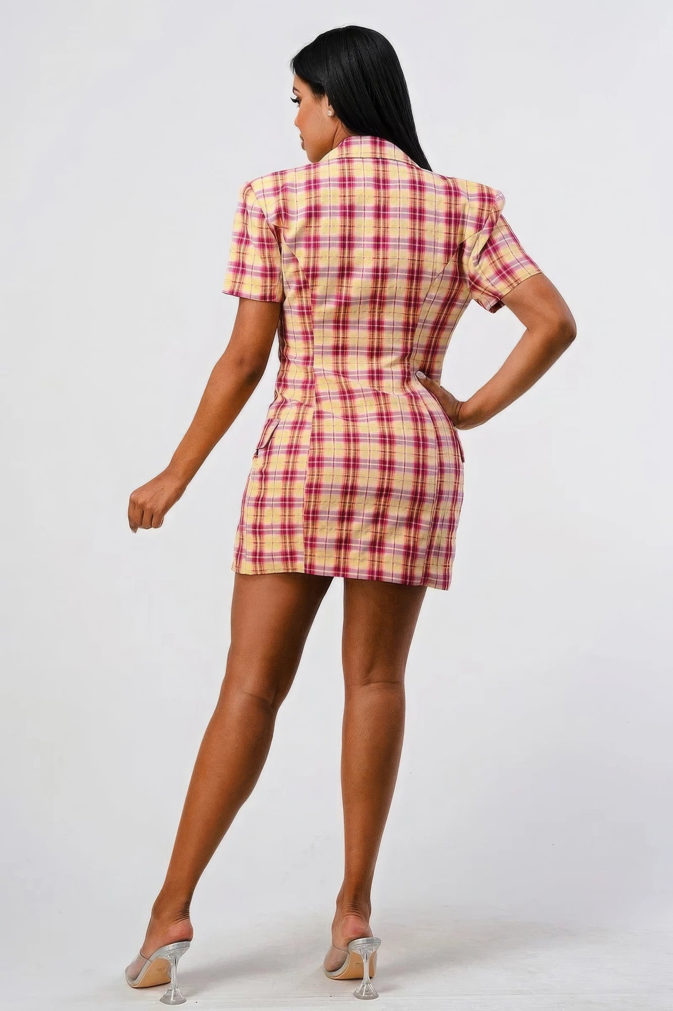 Wide Collared Double Breasted Plaid Blazer Mini Dress - ShopEasier