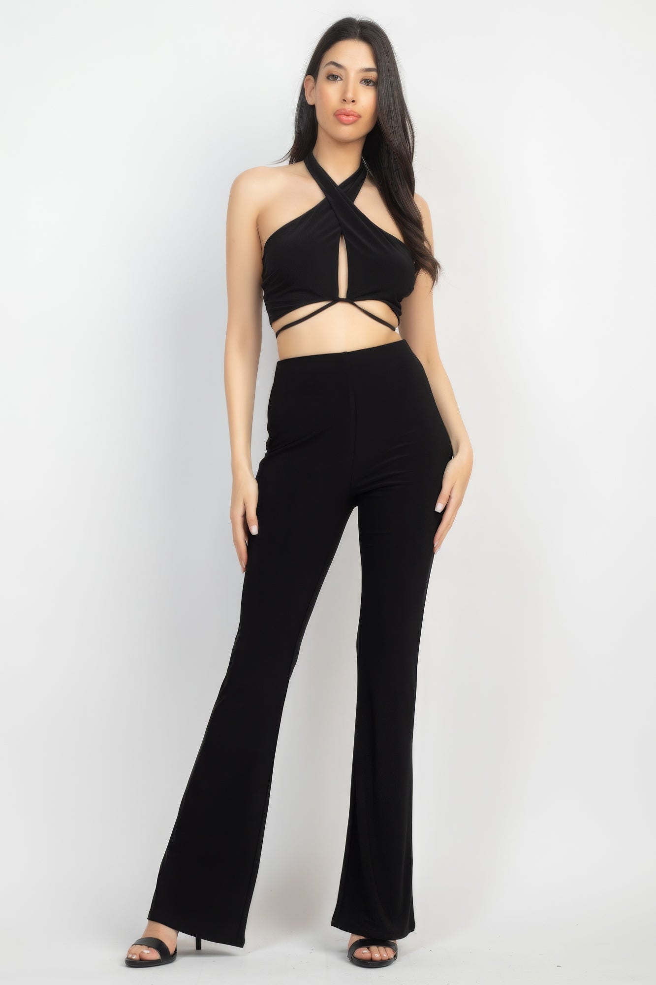 Solid Halter Top And Elastic Leggings Set - ShopEasier