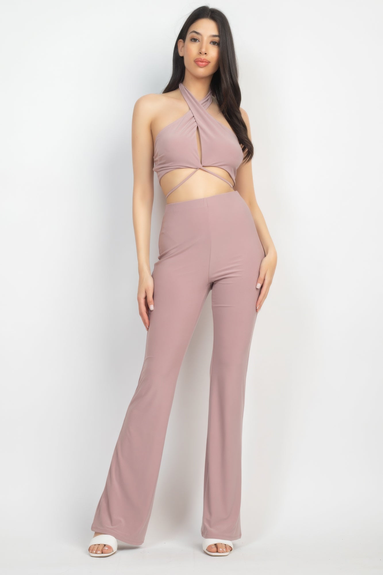 Solid Halter Top And Elastic Leggings Set - ShopEasier