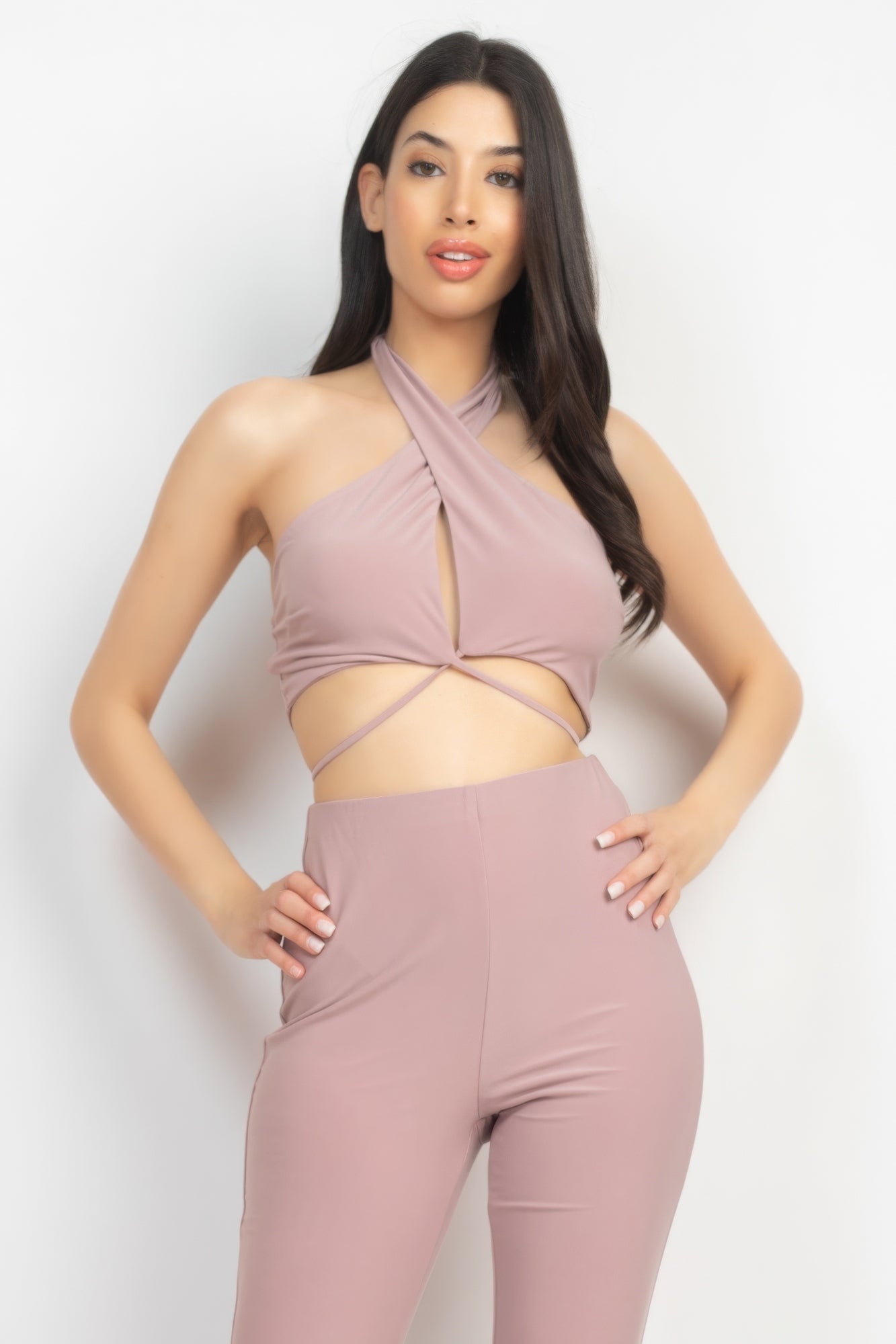 Solid Halter Top And Elastic Leggings Set - ShopEasier