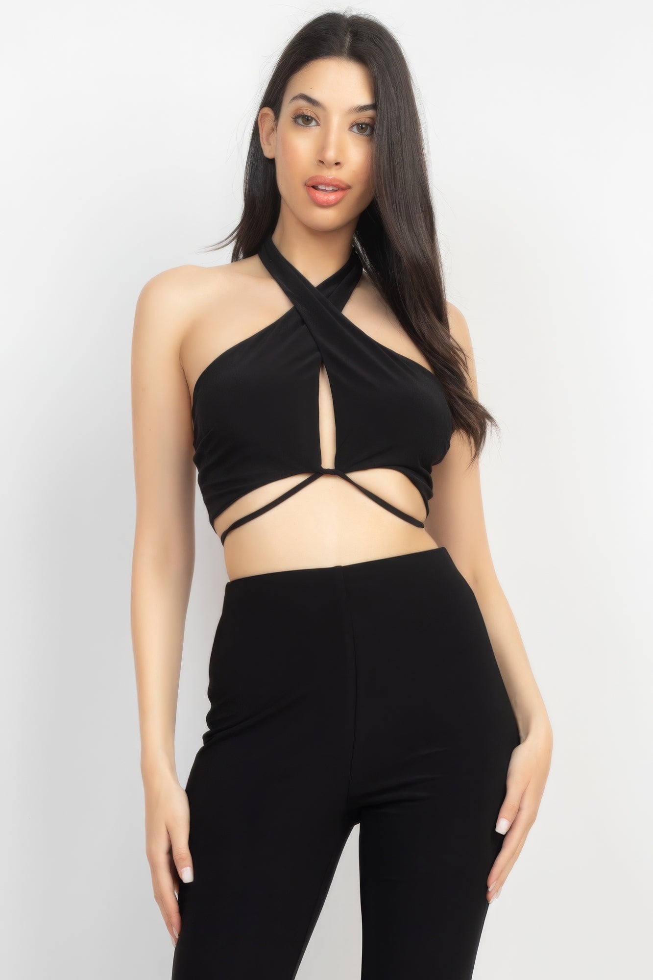 Solid Halter Top And Elastic Leggings Set - ShopEasier