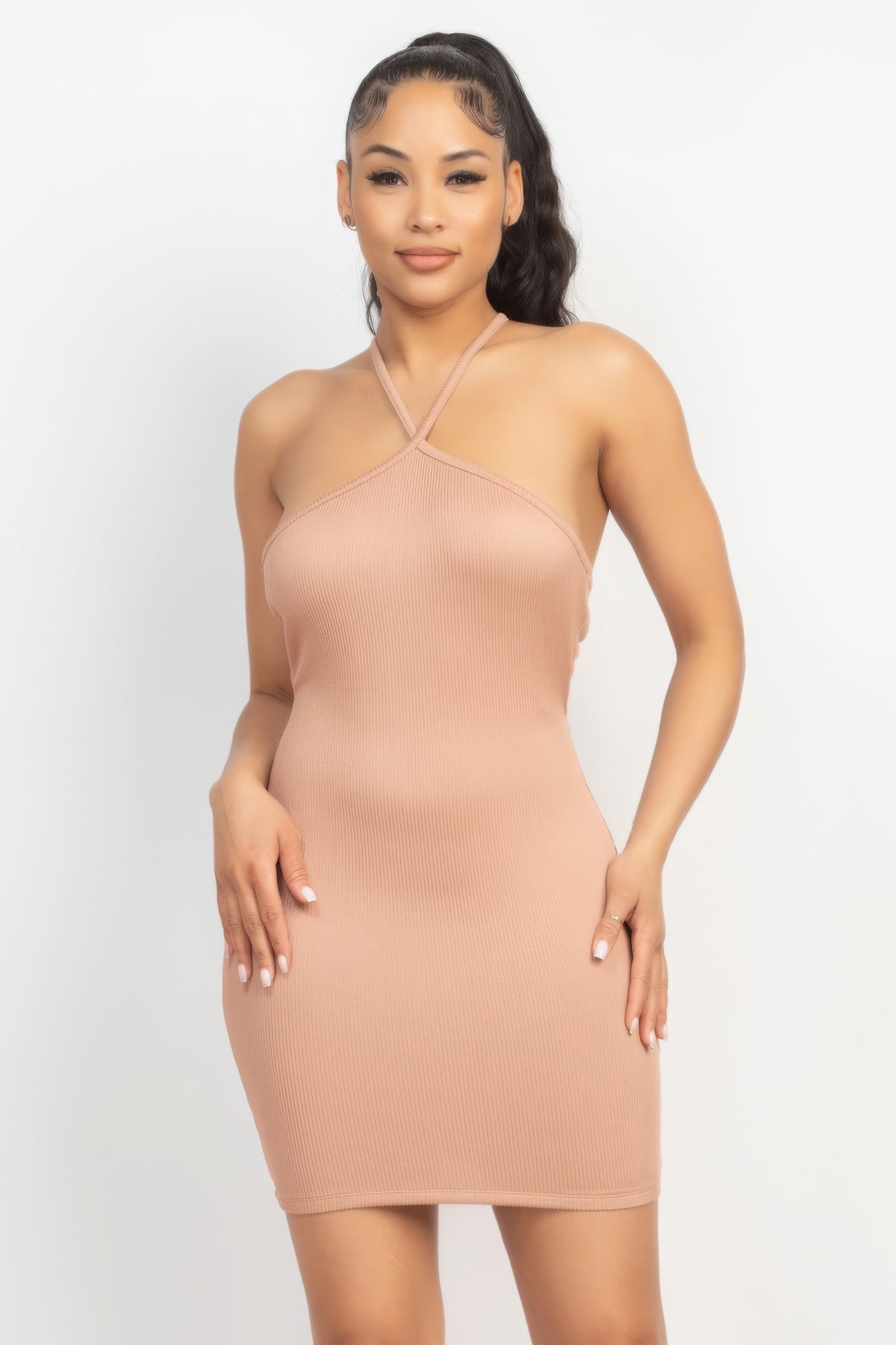 Halter Neck Ribbed Seamless Cut-out Dress - ShopEasier