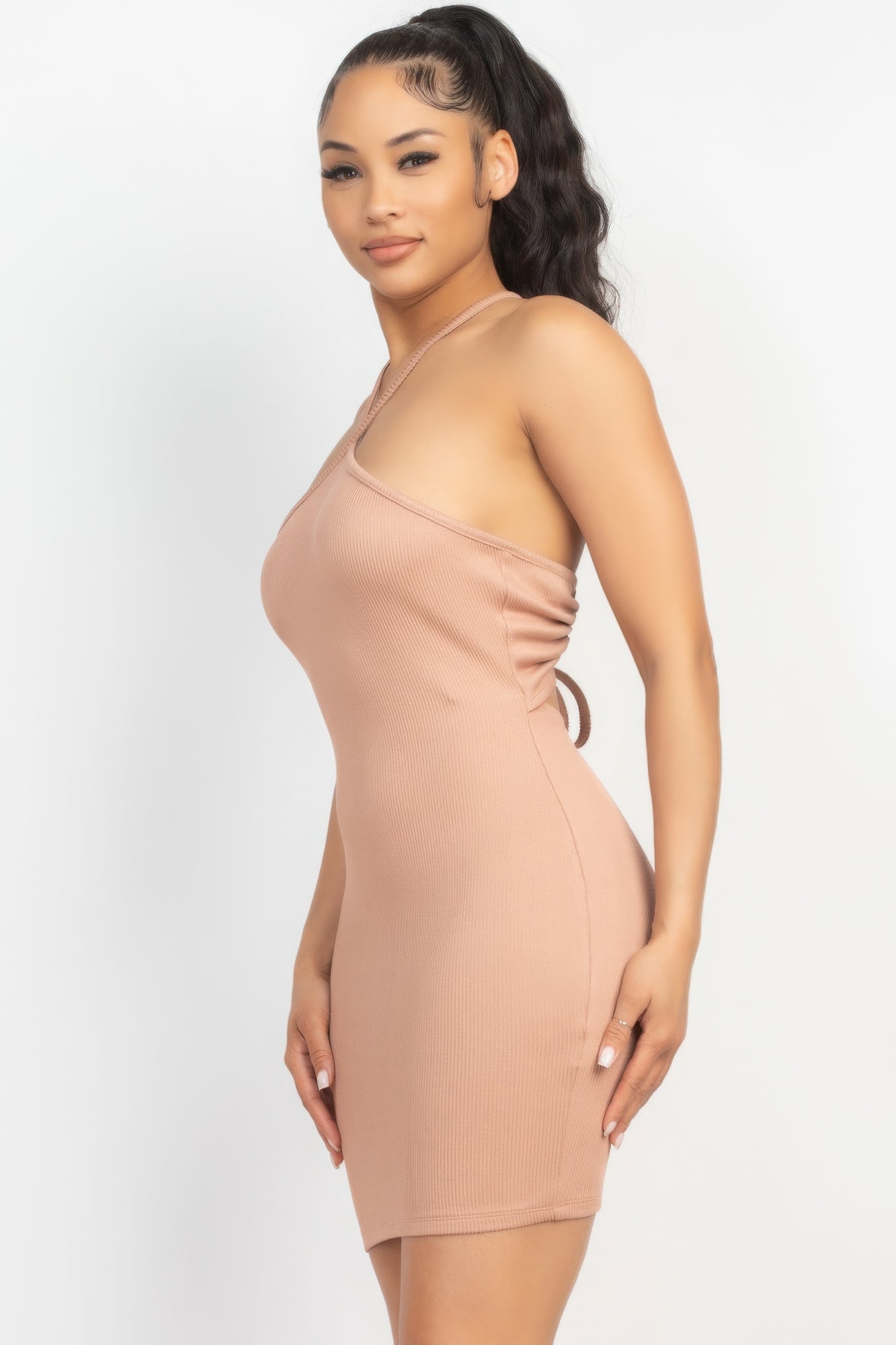 Halter Neck Ribbed Seamless Cut-out Dress - ShopEasier