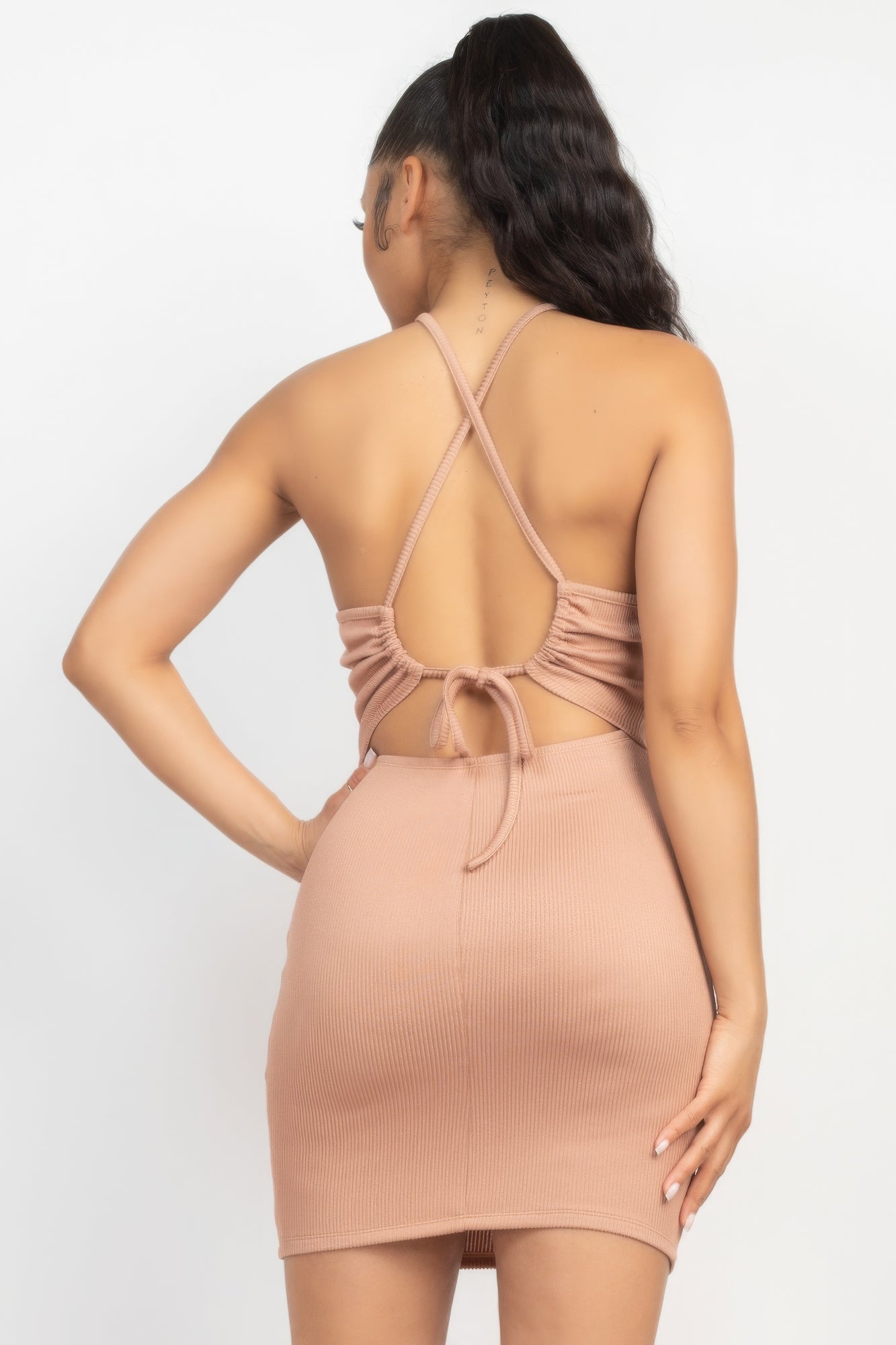 Halter Neck Ribbed Seamless Cut-out Dress - ShopEasier