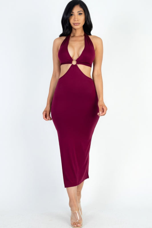 Cut-out Halter Neck Double Back Tie Split Thigh Midi Dress - ShopEasier