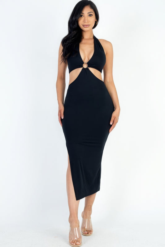 Cut-out Halter Neck Double Back Tie Split Thigh Midi Dress - ShopEasier