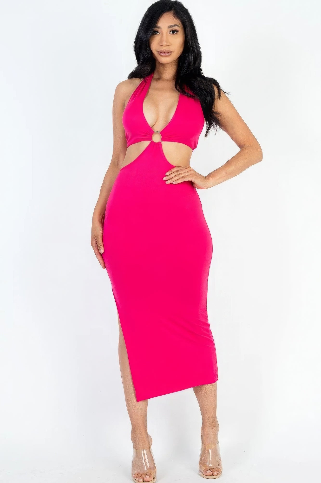 Cut-out Halter Neck Double Back Tie Split Thigh Midi Dress - ShopEasier