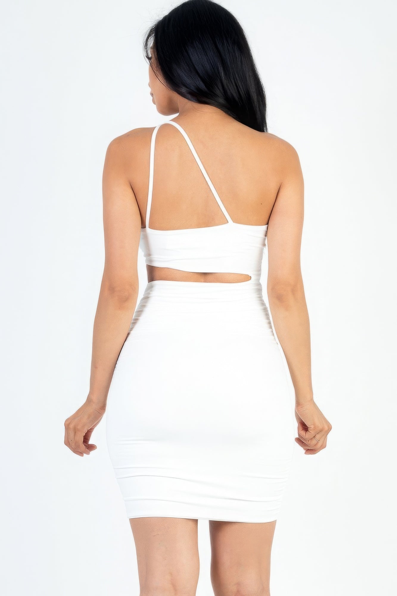 One Shoulder Cut-out Front Ruched Bodycon Mini Dress - ShopEasier