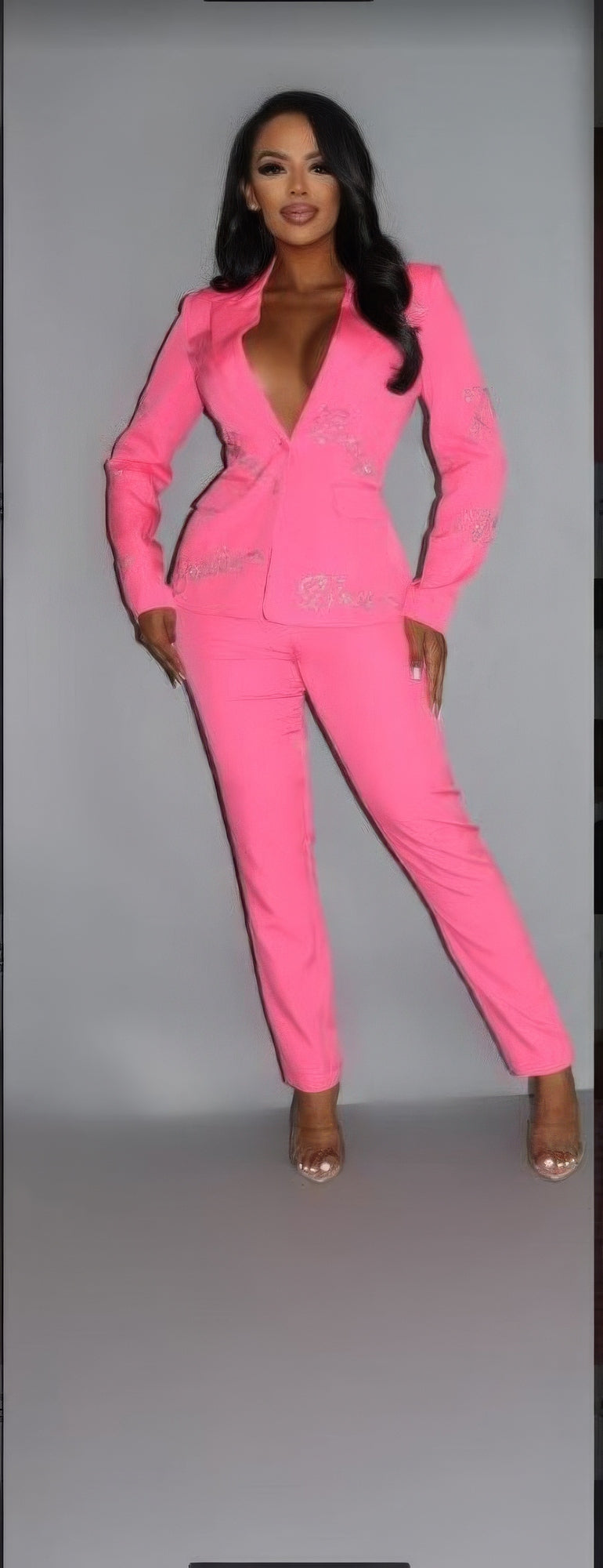 2 Piece Powersuit Blazer & Pants Set With Rhinestone Letterings On Blazer - ShopEasier