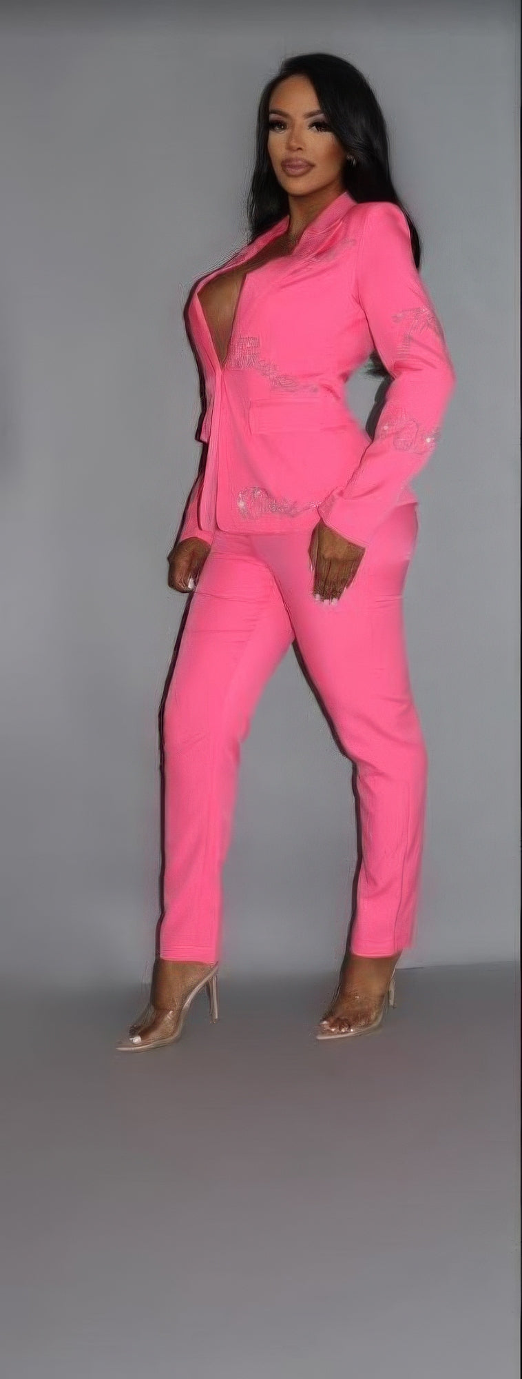 2 Piece Powersuit Blazer & Pants Set With Rhinestone Letterings On Blazer - ShopEasier