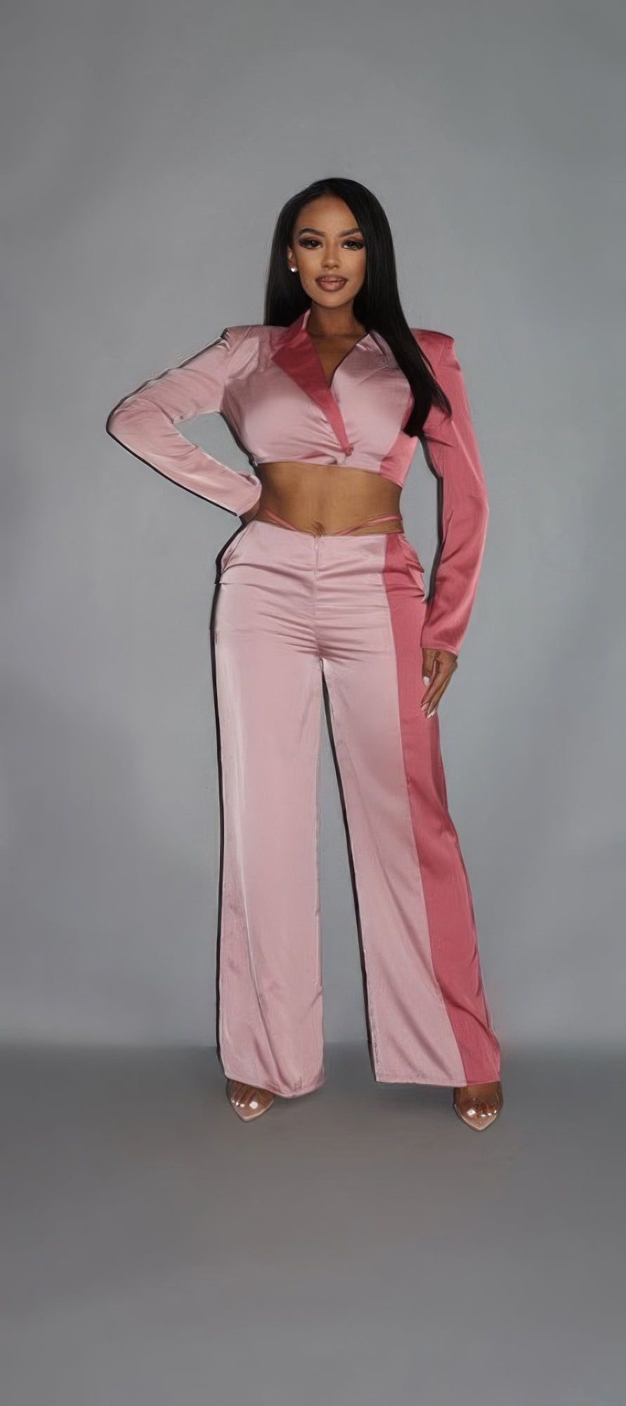 Colorblock Crop Blazer With Matching Low Rise Wide Leg Pant Set With Pockets - ShopEasier