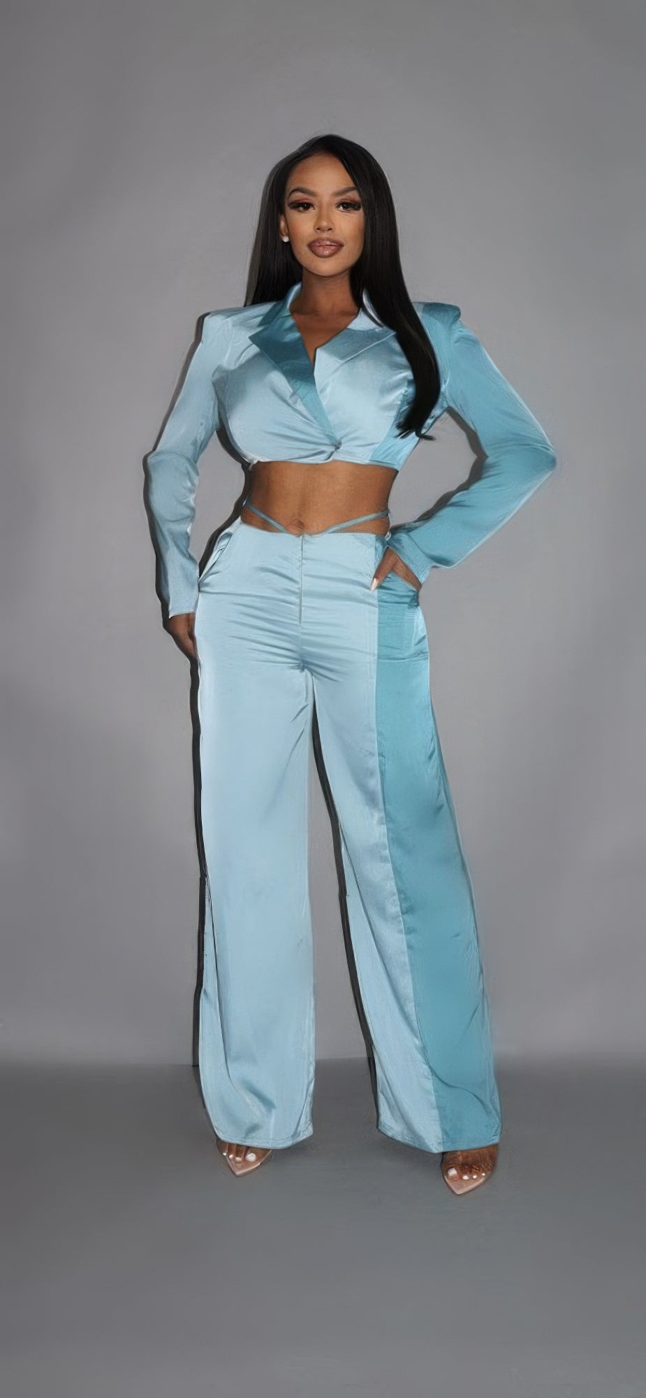 Colorblock Crop Blazer With Matching Low Rise Wide Leg Pant Set With Pockets - ShopEasier