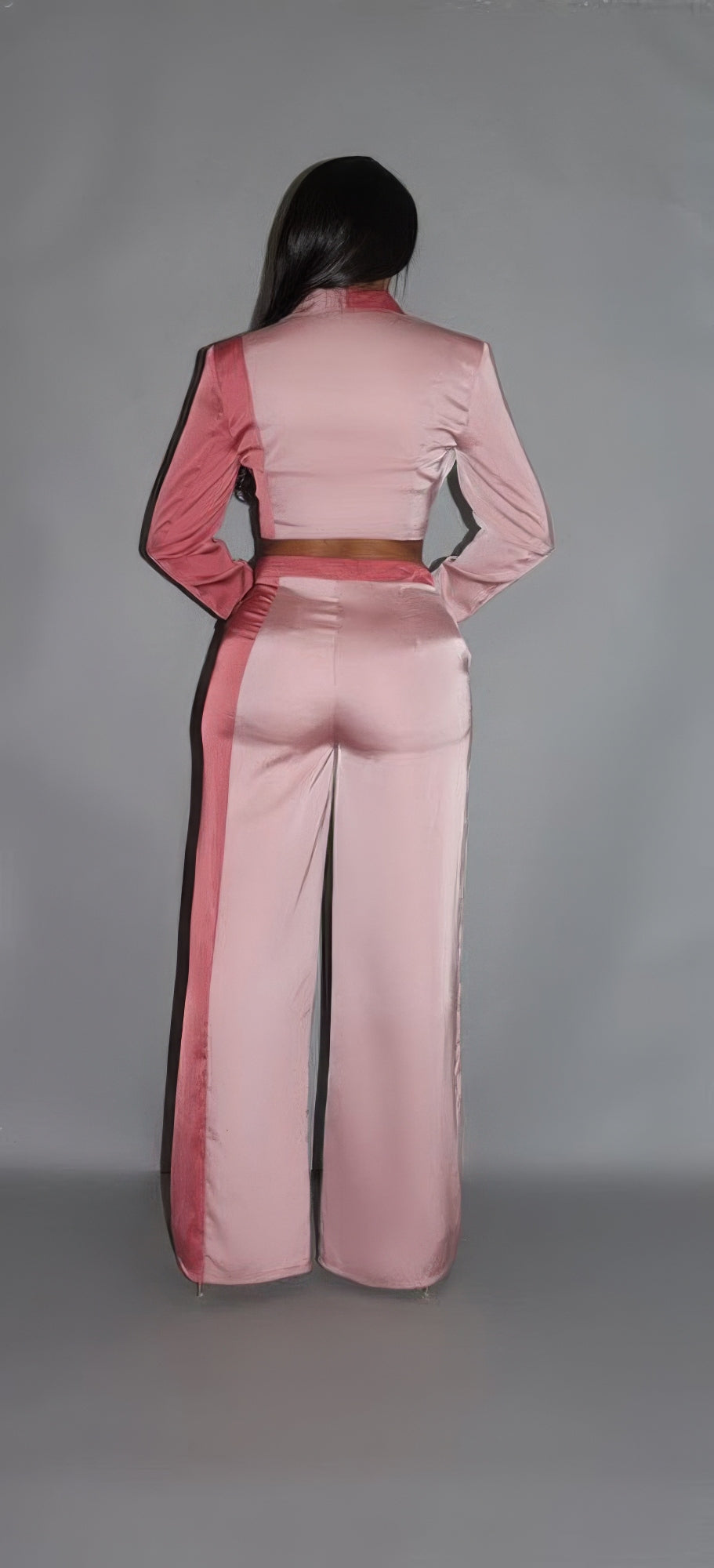 Colorblock Crop Blazer With Matching Low Rise Wide Leg Pant Set With Pockets - ShopEasier