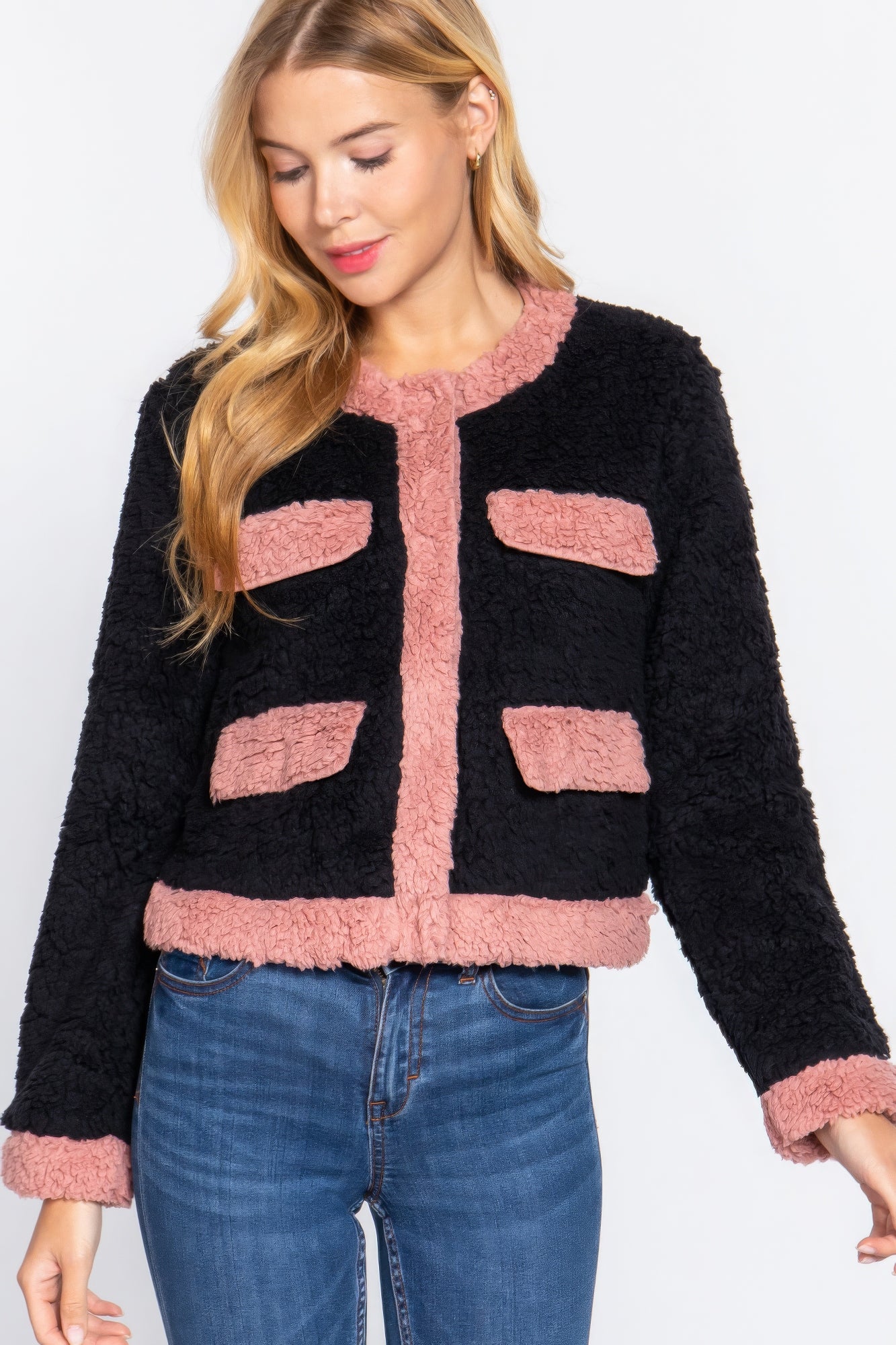 Long Sleeve Pocket Detail Faux Fur Jacket - ShopEasier