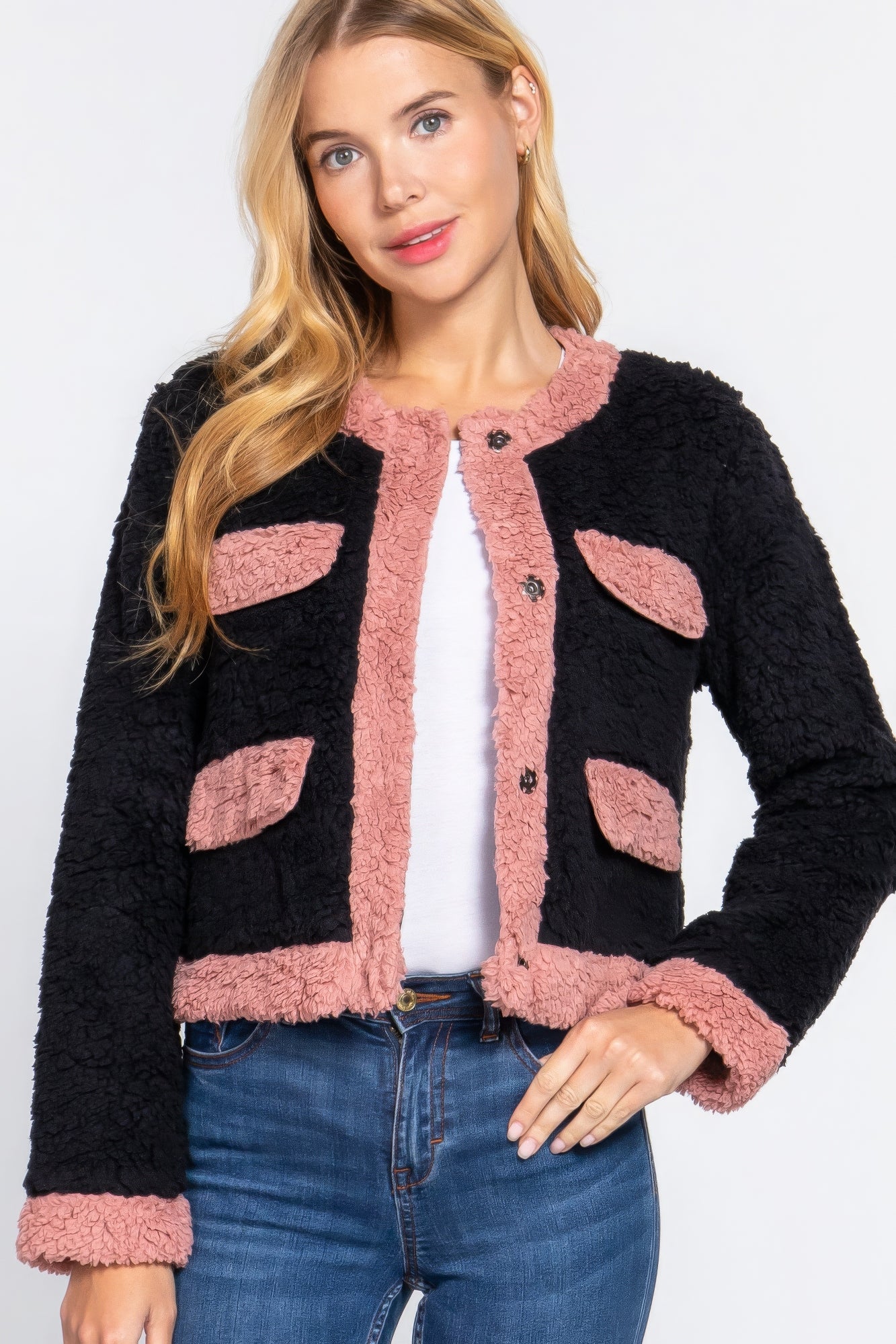 Long Sleeve Pocket Detail Faux Fur Jacket - ShopEasier