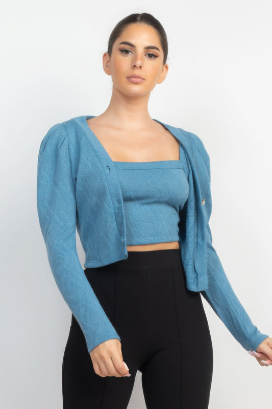 Geometric Cami Puff Sleeves Blazer Top Set - ShopEasier