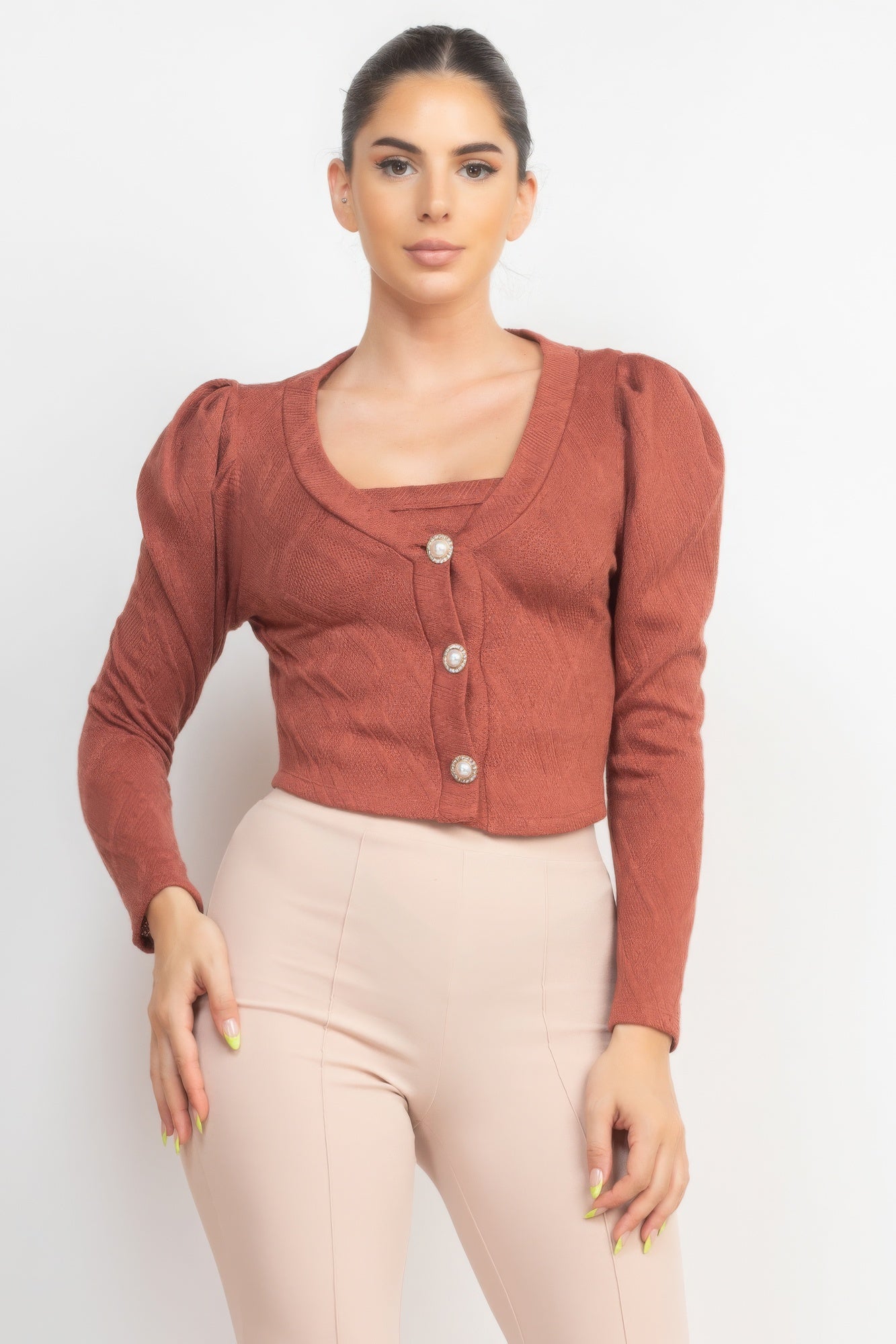 Geometric Cami Puff Sleeves Blazer Top Set - ShopEasier