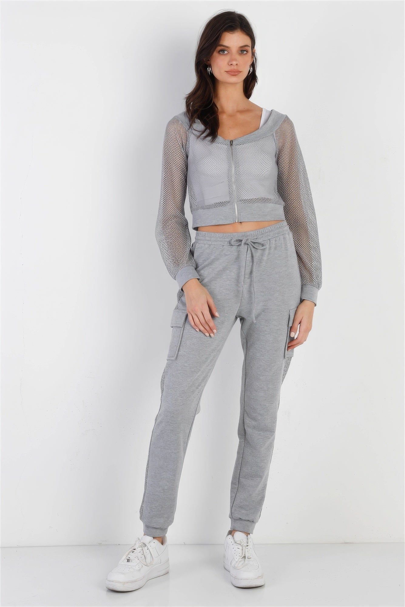 Heather Grey Contrast Fishnet Zip-up Top & Pants Set - ShopEasier