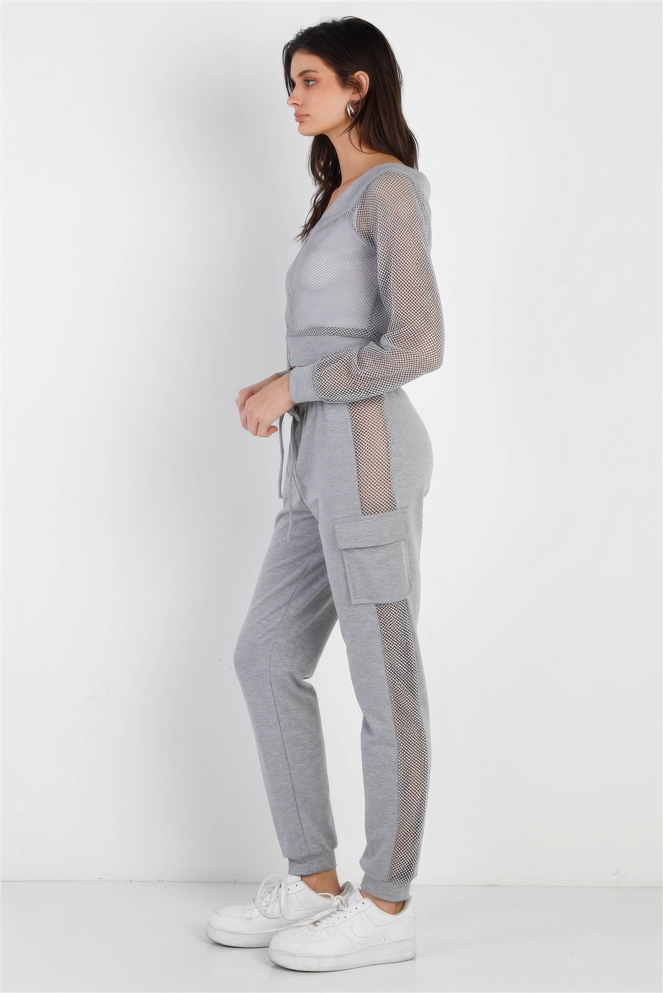 Heather Grey Contrast Fishnet Zip-up Top & Pants Set - ShopEasier