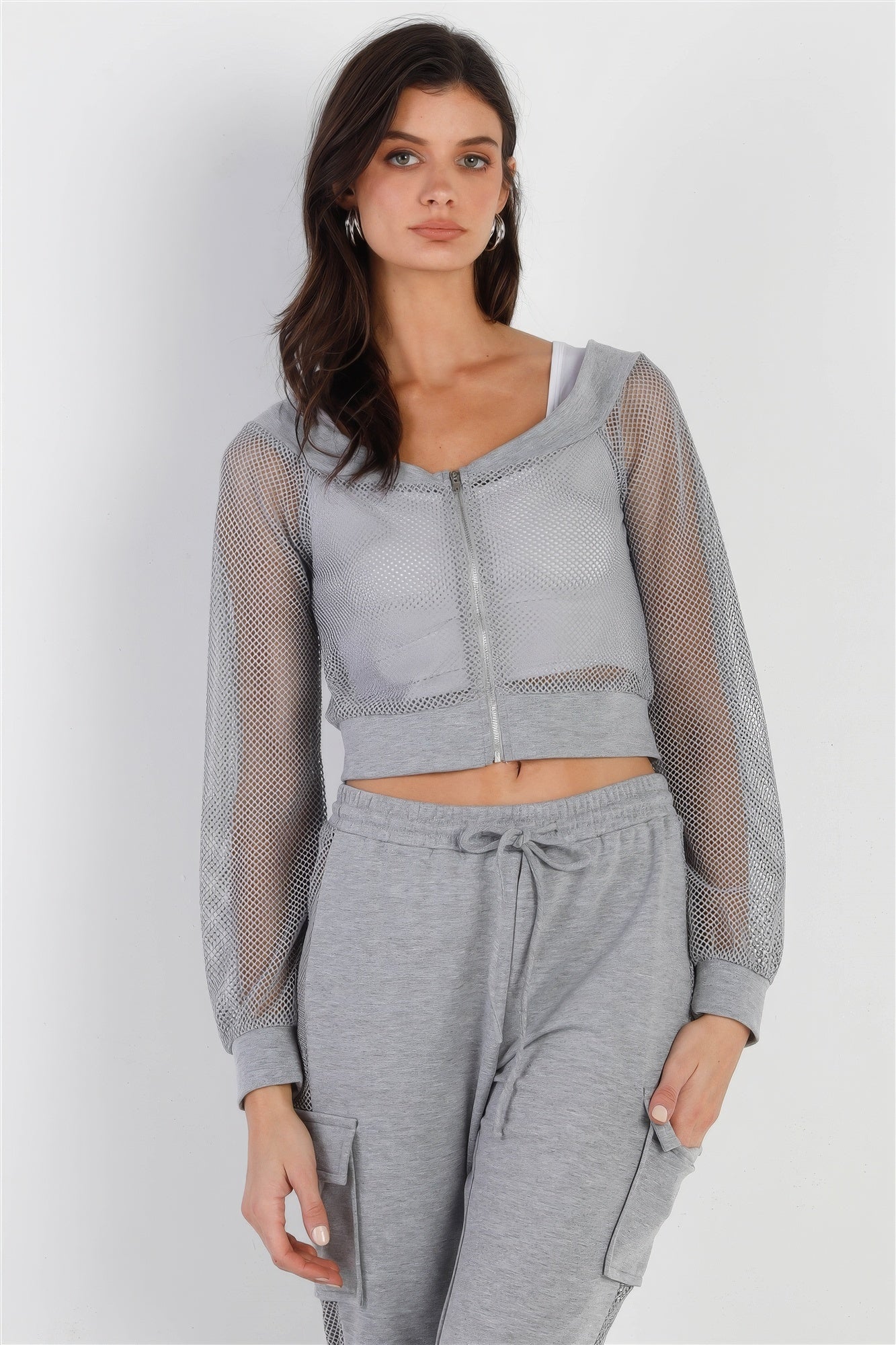 Heather Grey Contrast Fishnet Zip-up Top & Pants Set - ShopEasier