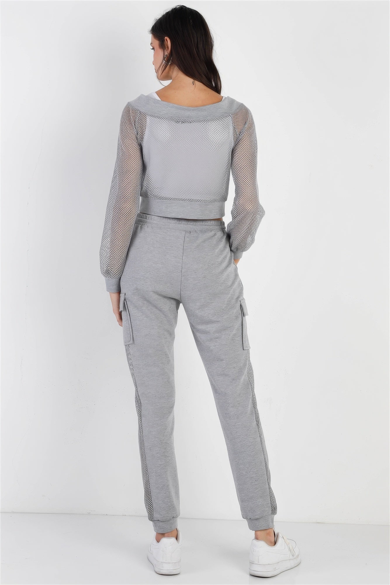 Heather Grey Contrast Fishnet Zip-up Top & Pants Set - ShopEasier