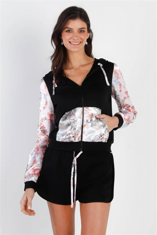 Black & Multi Color Print Colorblock Zip-up Hooded Top & Short Set - ShopEasier