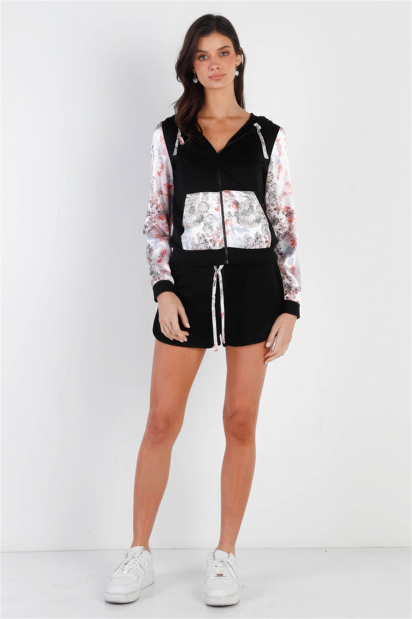 Black & Multi Color Print Colorblock Zip-up Hooded Top & Short Set - ShopEasier