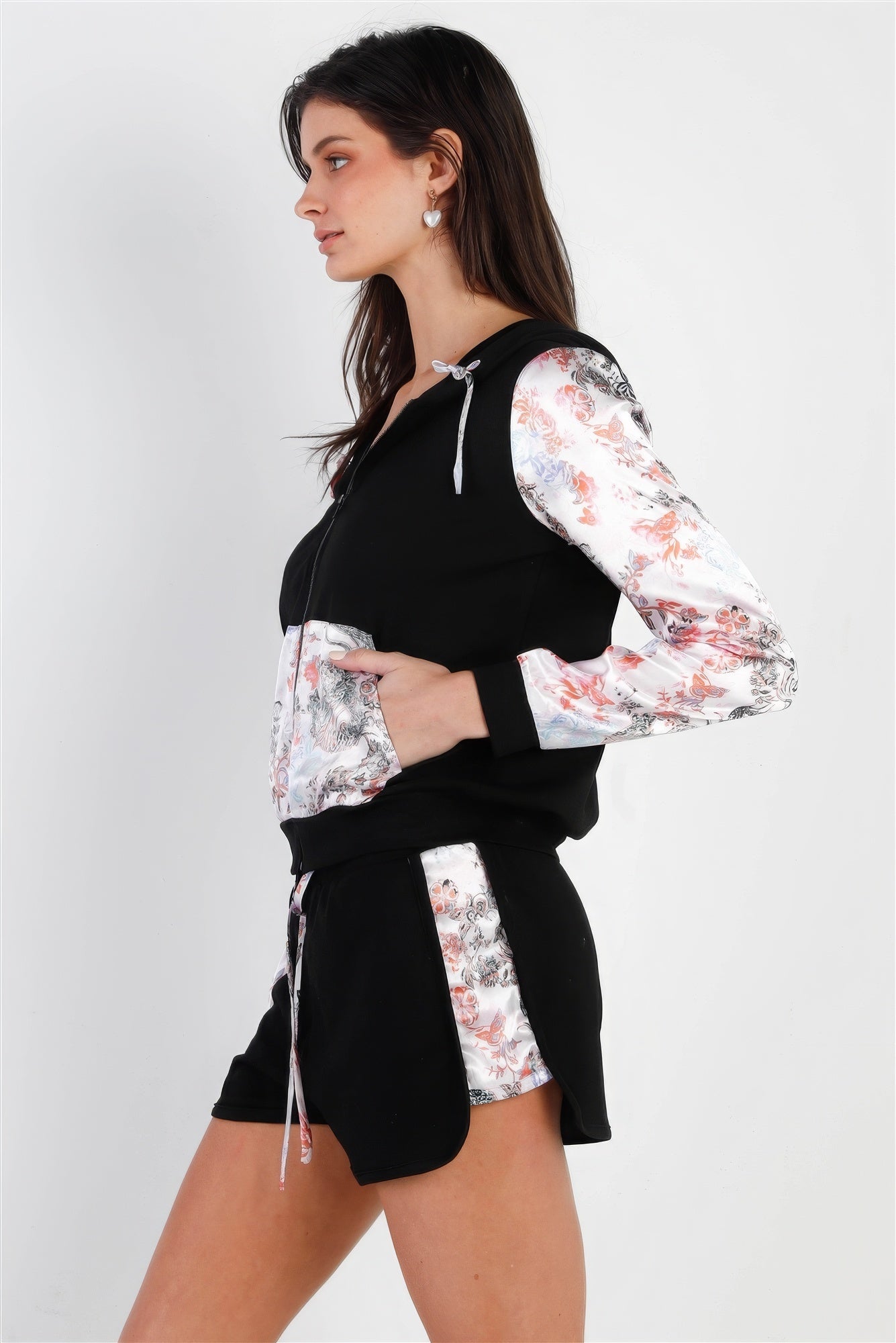 Black & Multi Color Print Colorblock Zip-up Hooded Top & Short Set - ShopEasier