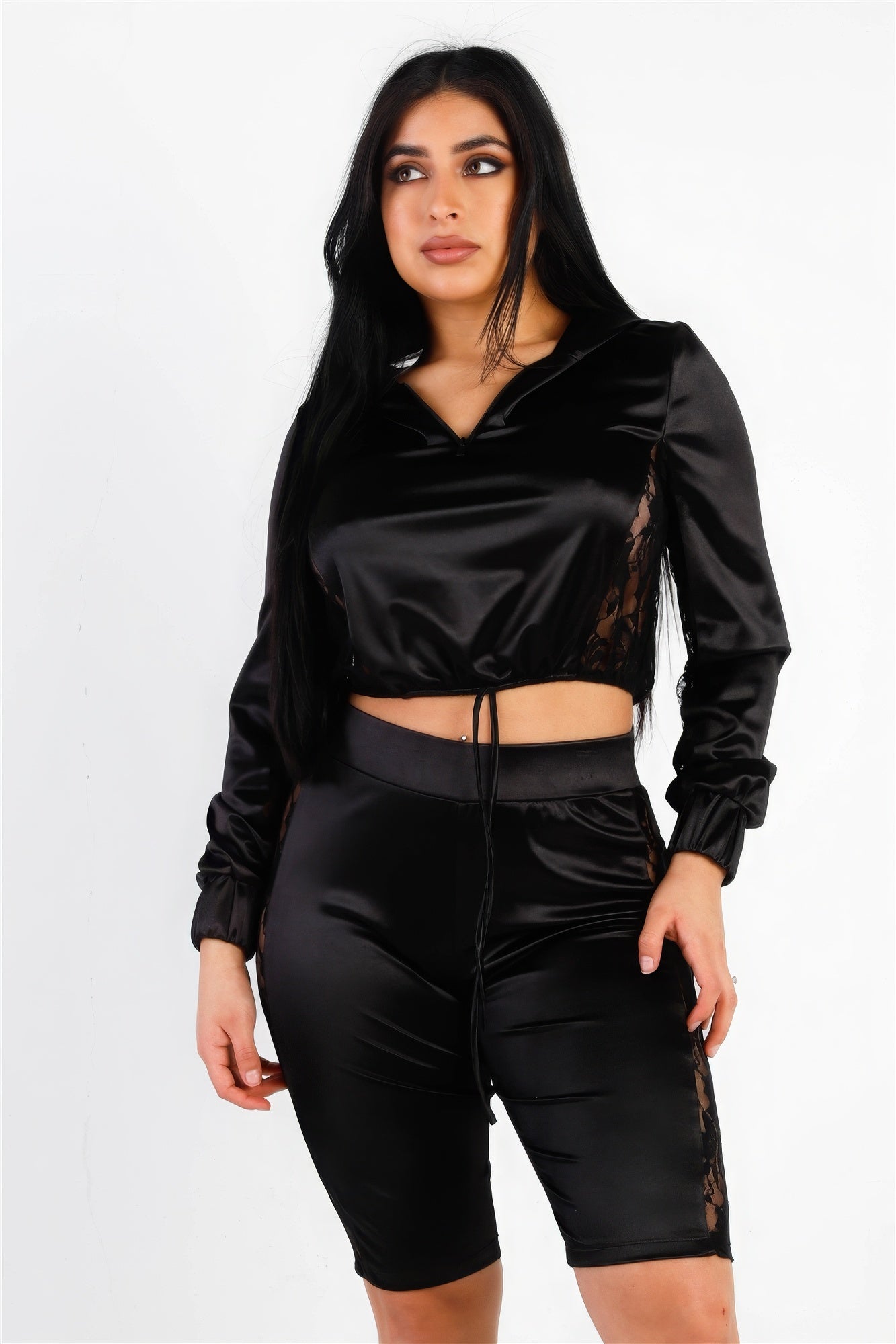 Satin Lace Details Long Sleeve Hooded Crop Top & Biker Short Set - ShopEasier