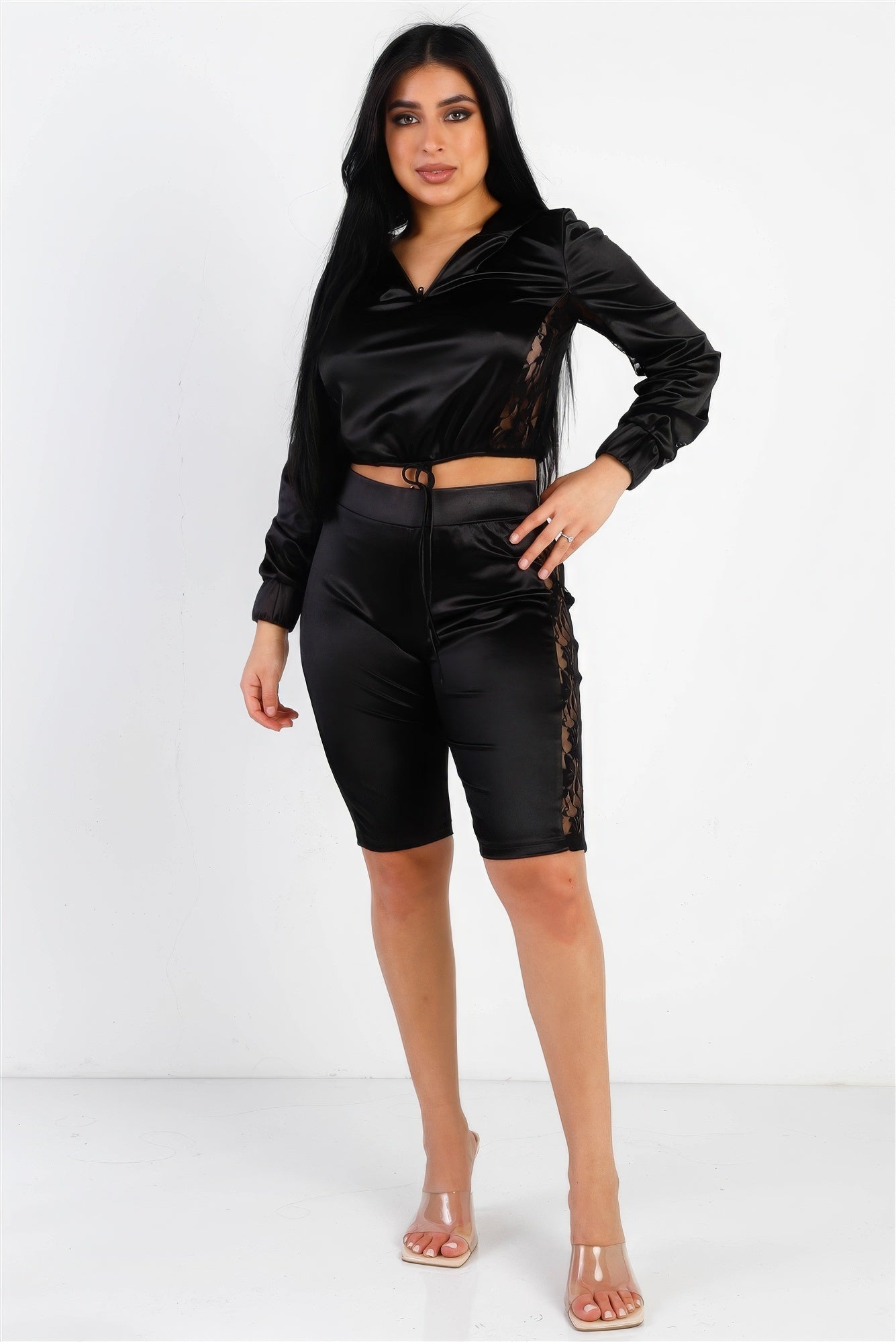 Satin Lace Details Long Sleeve Hooded Crop Top & Biker Short Set - ShopEasier