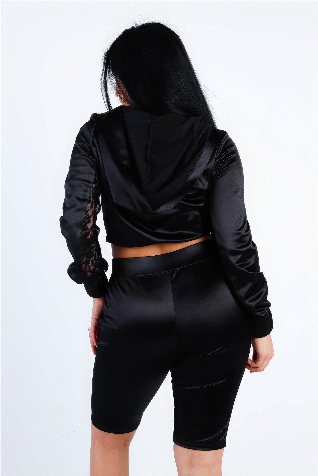 Satin Lace Details Long Sleeve Hooded Crop Top & Biker Short Set - ShopEasier